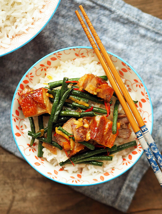 Twice cooked Asian pork belly recipe, with snake beans and orange caramel sauce | www.bellyrumbles.com
