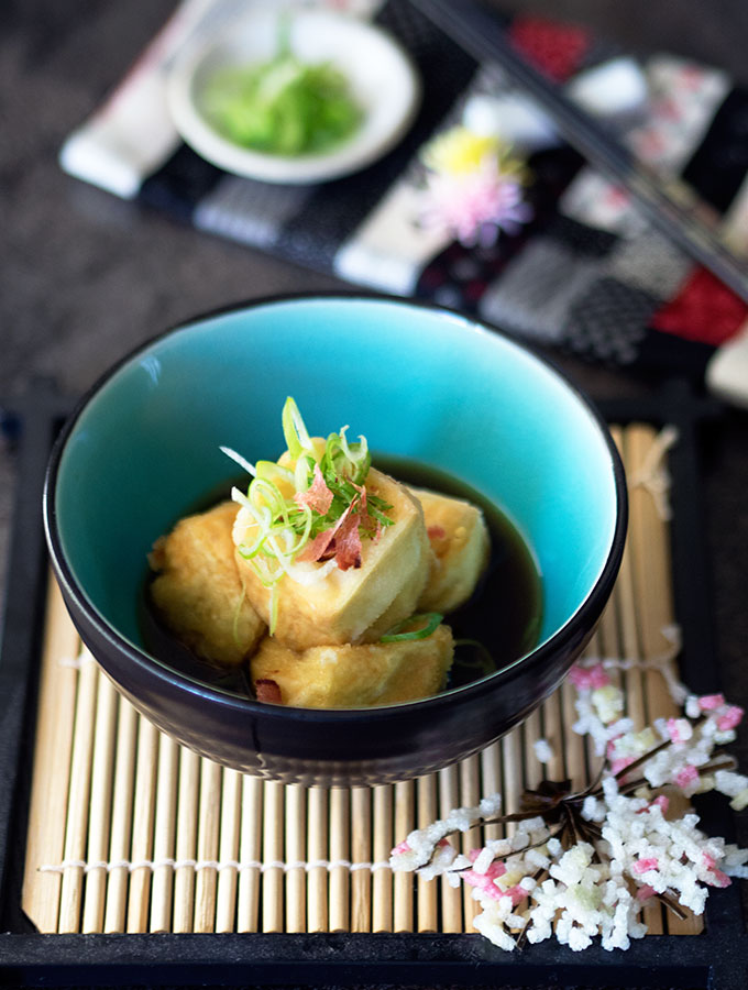 Agedashi Dofu or Japanese Deep Fried Tofu in a light bonito broth