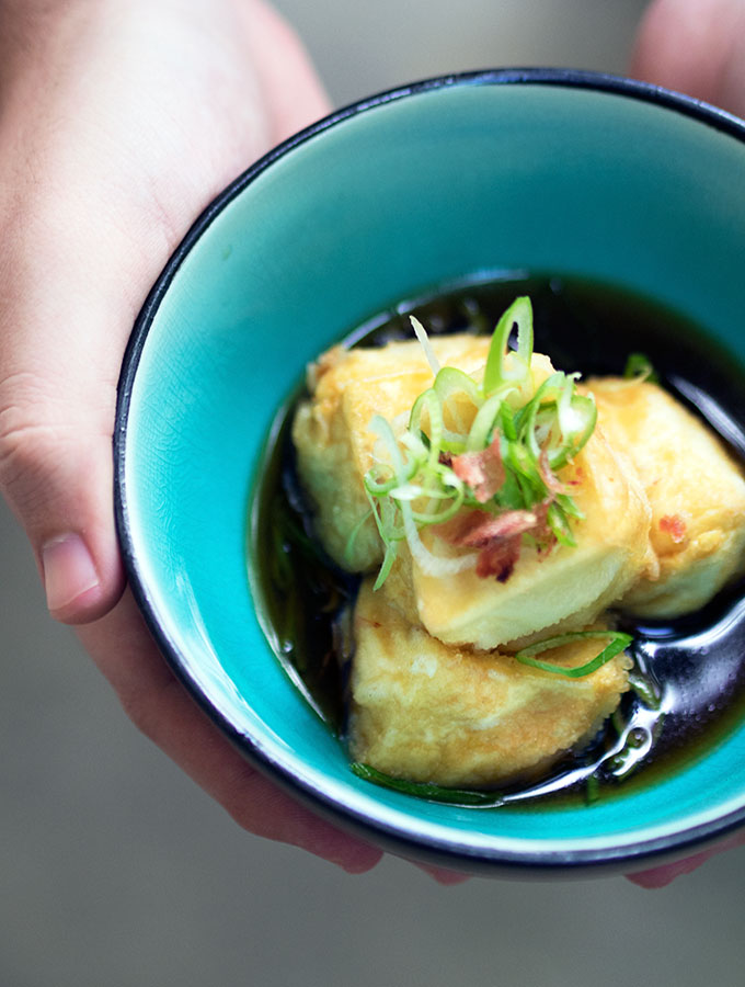 Agedashi Dofu or Japanese Deep Fried Tofu in a light bonito broth