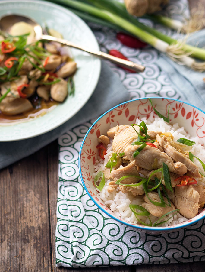 mound of chicken in a bowl with steamed rice, topped with slices of green onion and chili