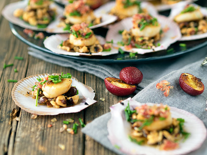 Seared Sea Scallops with blood limes and hazelnut brown butter