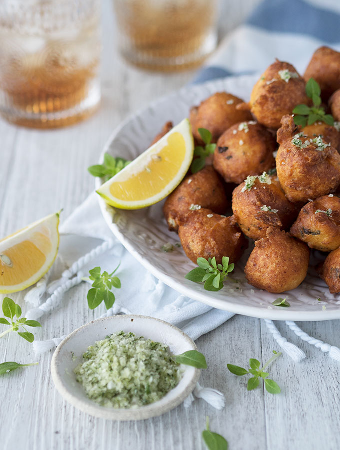 Cauliflower feta balls, sensational fried mouthfuls that you wont be able to stop popping. Served with lemon wedges and oregano salt.