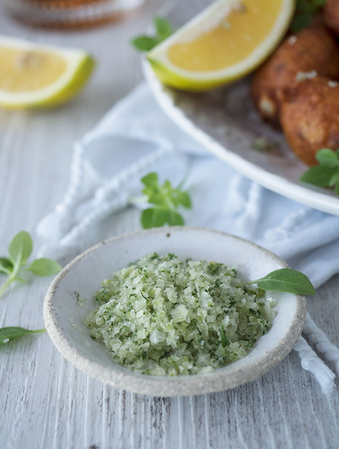 Cauliflower feta balls, sensational fried mouthfuls that you wont be able to stop popping. Served with lemon wedges and oregano salt.