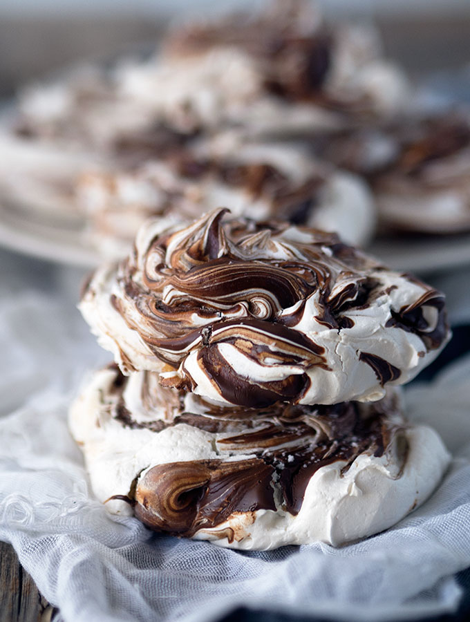 Chocolate Swirl Meringues with Sea Salt ~ Stunning looking meringues with crisp shells and soft mallow like centres