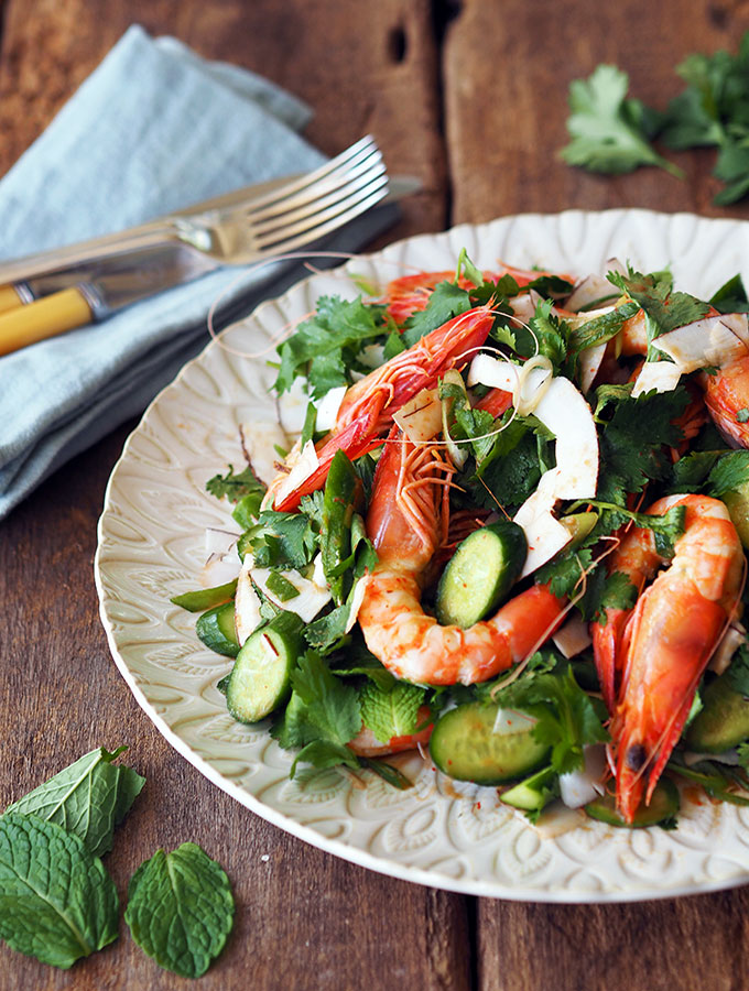 Easy Prawn, Coconut and Coriander Salad with zesty lime. Dinner will be on the table in no time.