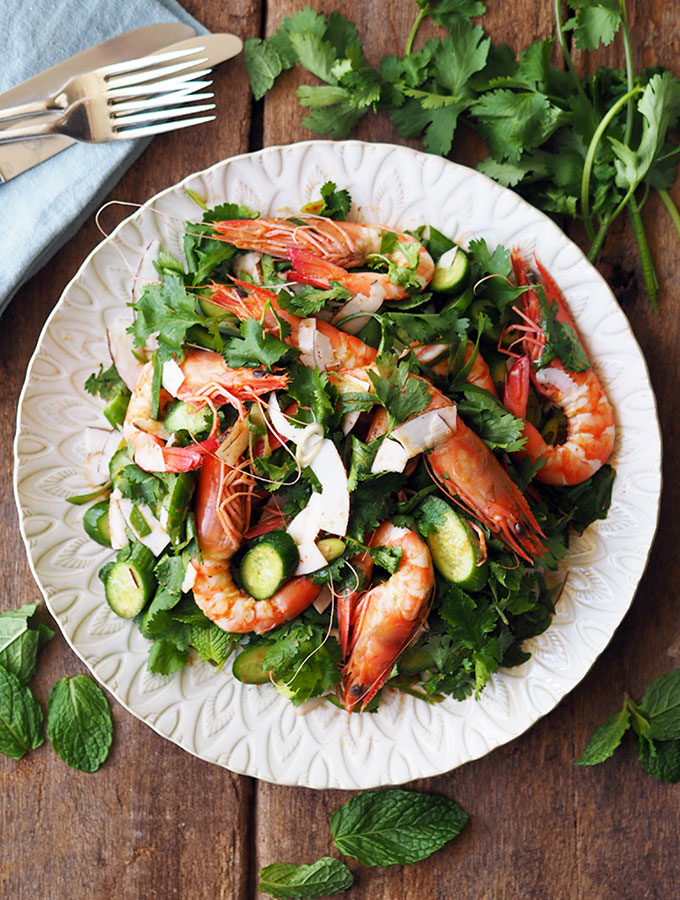 Easy Prawn, Coconut and Coriander Salad with zesty lime. Dinner will be on the table in no time.