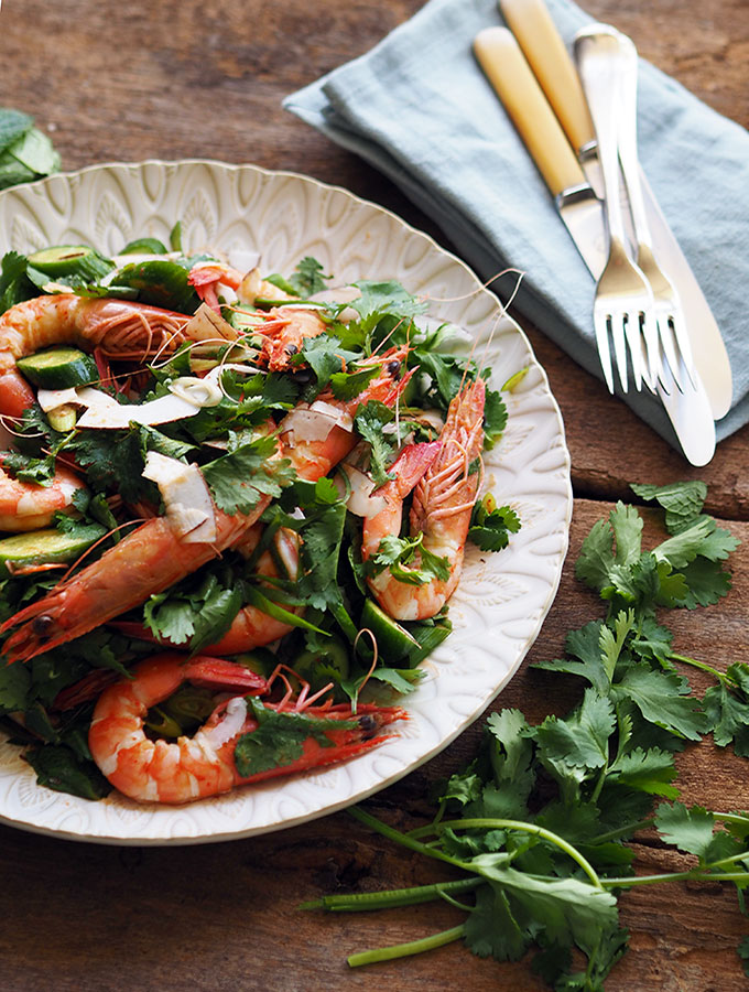 Easy Prawn, Coconut and Coriander Salad with zesty lime. Dinner will be on the table in no time.