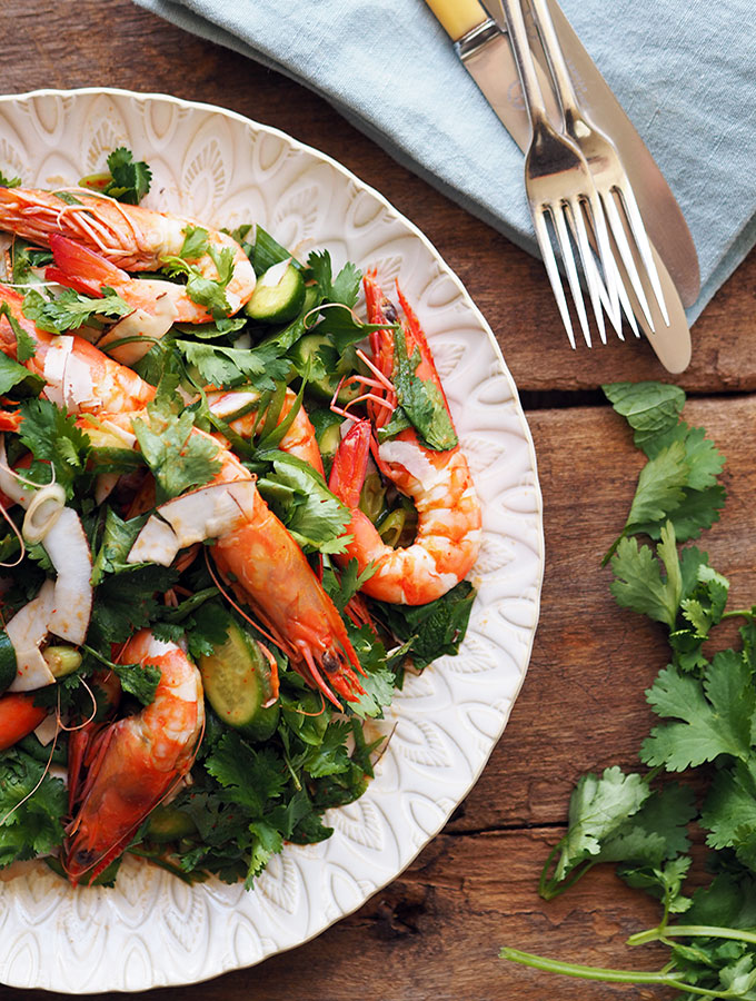 Easy Prawn, Coconut and Coriander Salad with zesty lime. Dinner will be on the table in no time.