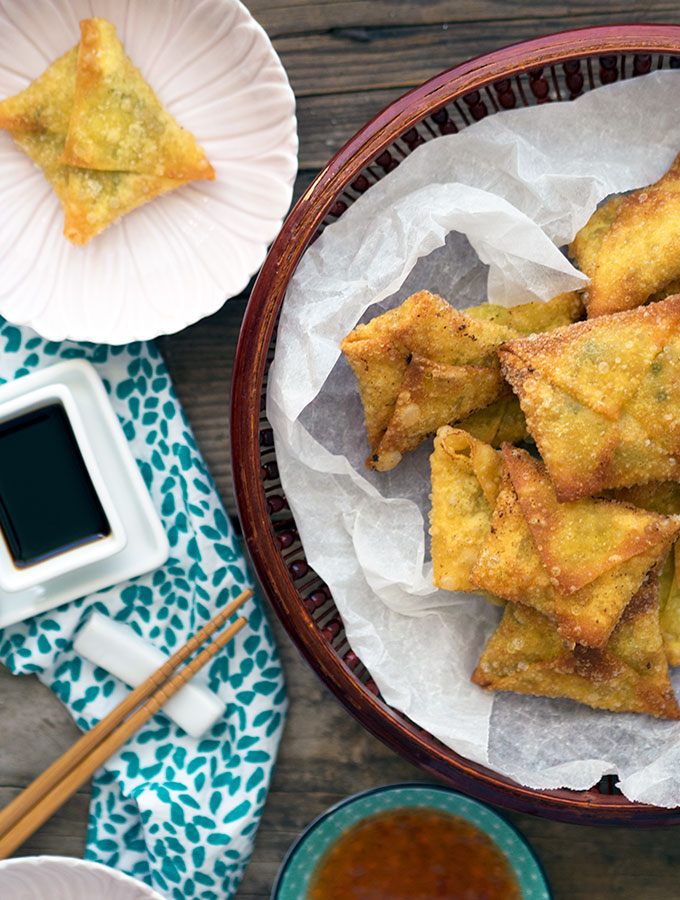 Fried Prawn Dumplings Recipe with water chestnuts and ginger. No fancy pants folding involved, I keep it simple with and envelope technique. These dumplings will be eaten so quickly nobody will have time to critique your folding.