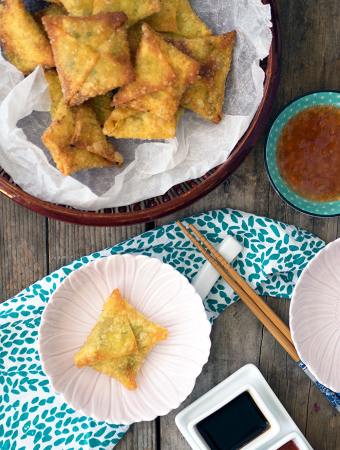 Fried Prawn Dumplings Recipe with water chestnuts and ginger. No fancy pants folding involved, I keep it simple with and envelope technique. These dumplings will be eaten so quickly nobody will have time to critique your folding.