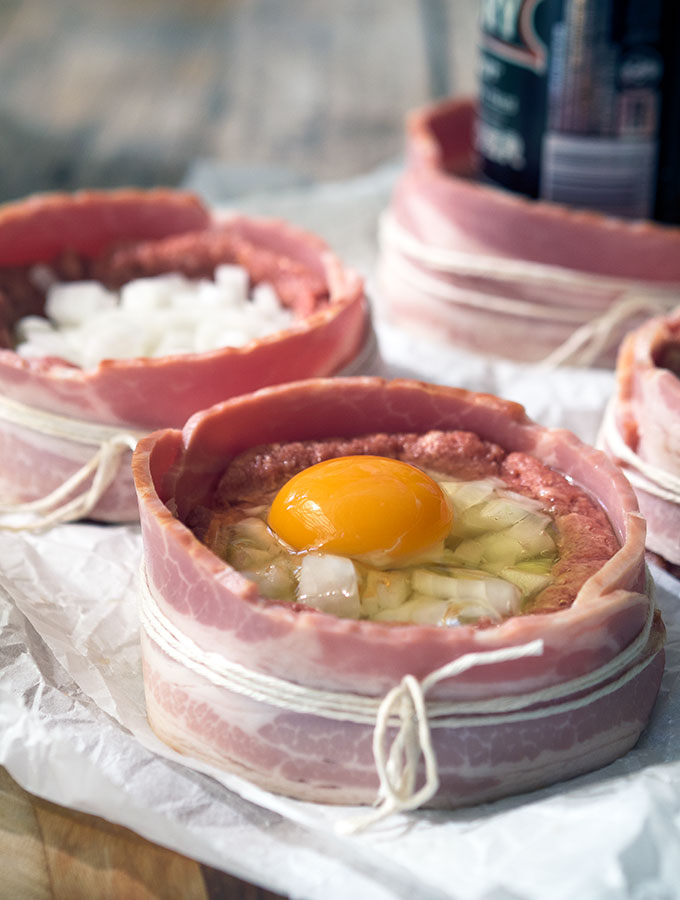 Baked Beer Can Burgers, stuffed with onion, pineapple and egg then wrapped in bacon. Simply delicious, serve with salad or on a bun.