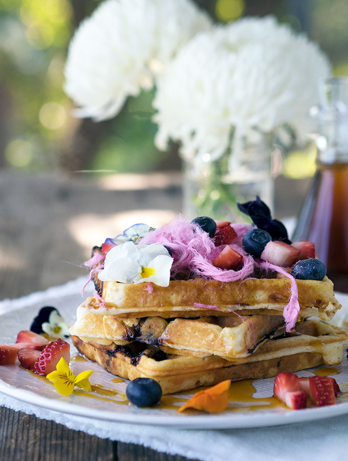 Blueberry White Chocolate Waffles, the pop of fresh blueberries and surprise of white chocolate make these waffles a breakfast winner.