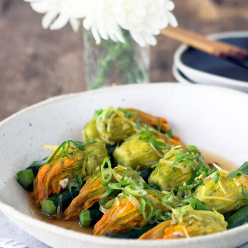 Chinese style steamed stuffed zucchini flowers