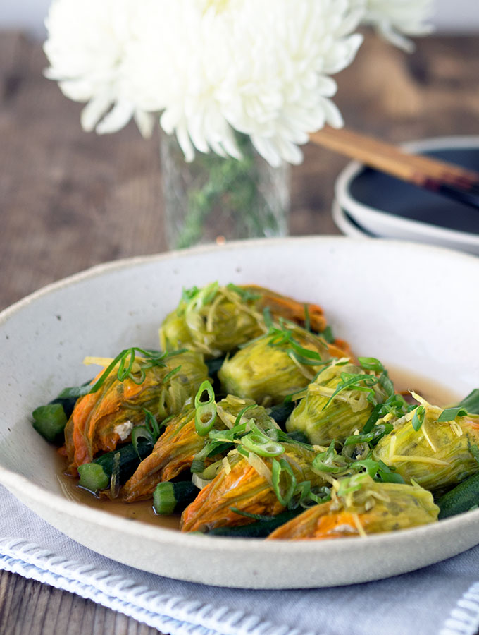 Chinese style steamed stuffed zucchini flowers