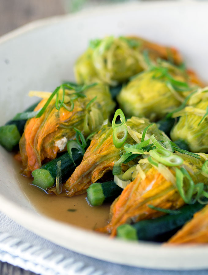 Chinese style steamed stuffed zucchini flowers