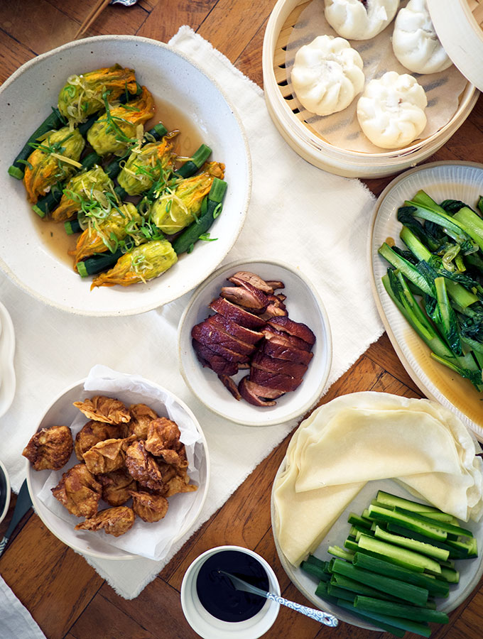 Chinese style steamed stuffed zucchini flowers