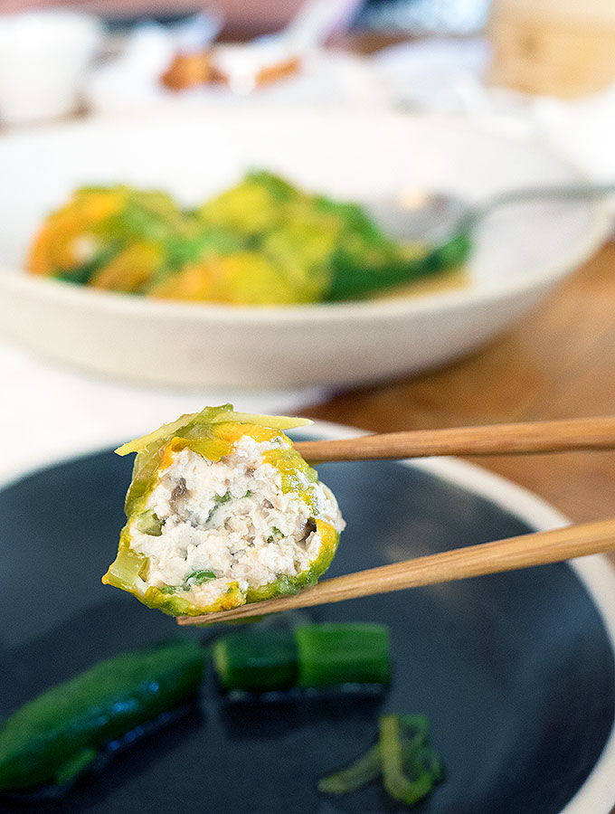 Chinese style steamed stuffed zucchini flowers