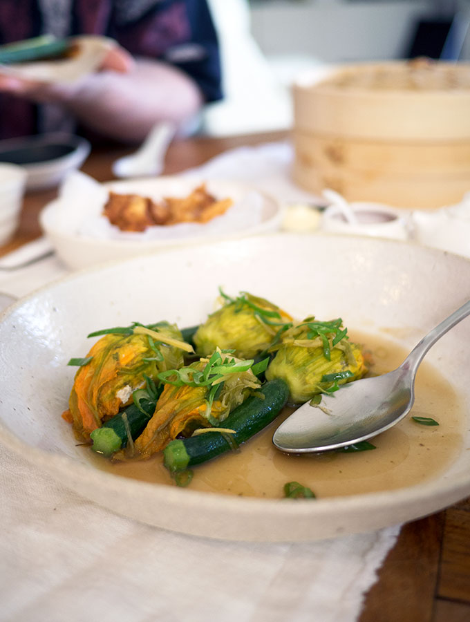 Chinese style steamed stuffed zucchini flowers