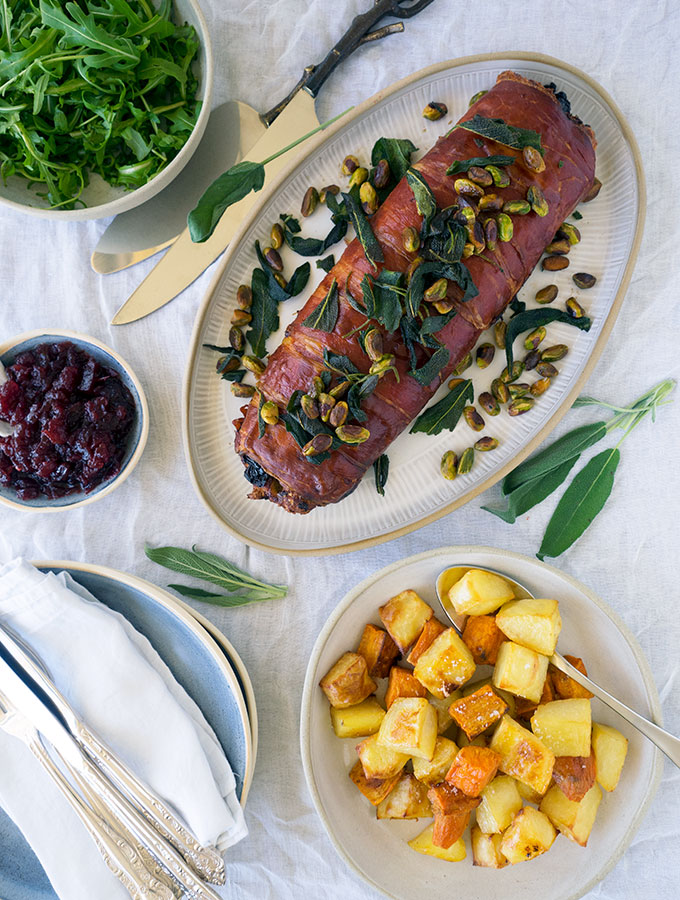 Turkey Roulade stuffed with apple, cranberries and sage, wrapped in prosciutto