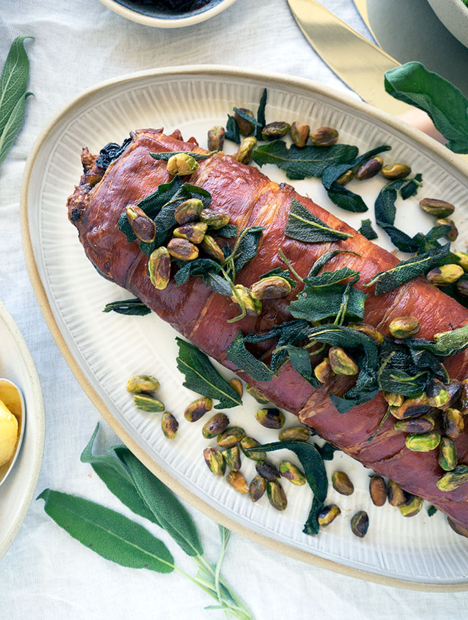 Turkey Roulade stuffed with apple, cranberries and sage, wrapped in prosciutto