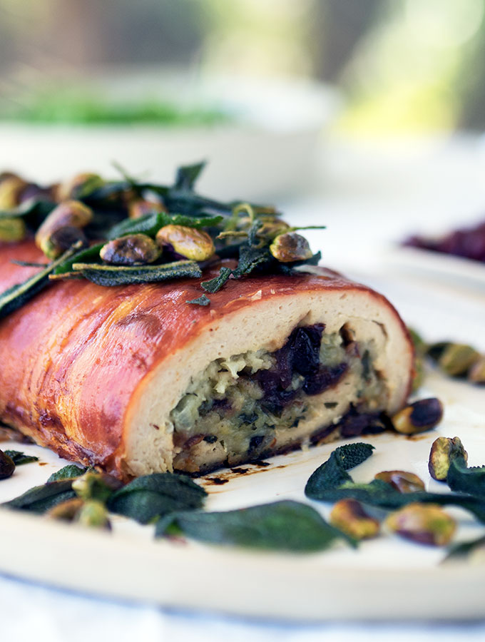 Turkey Roulade stuffed with apple, cranberries and sage, wrapped in prosciutto