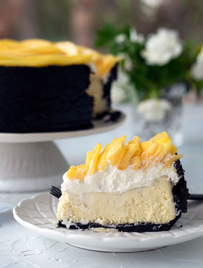 Baked White Chocolate and Mango Cheesecake - Belly Rumbles