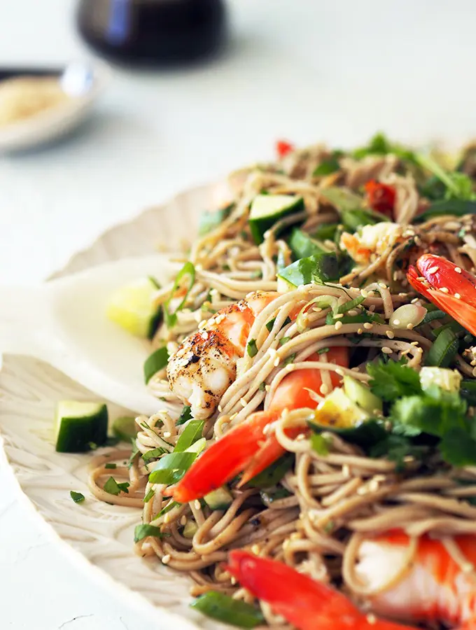 low fat mid week meal, shrimp and cilantro noodle salad