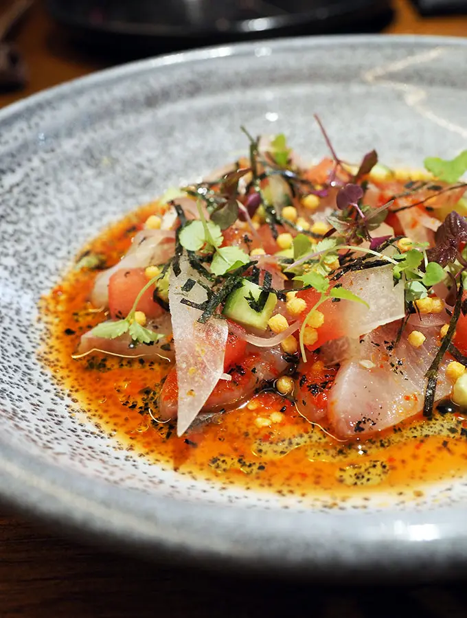 Kid Kyoto Omakase: Kingfish ceviche, pickled watermelon, lemon aspen & roast wakame kosho