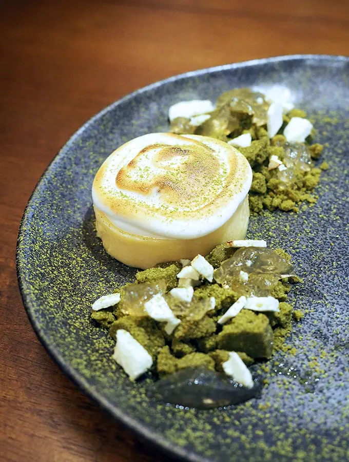 Kid Kyoto Omakase: Toasted yuzu meringue tart, green tea & blueberry