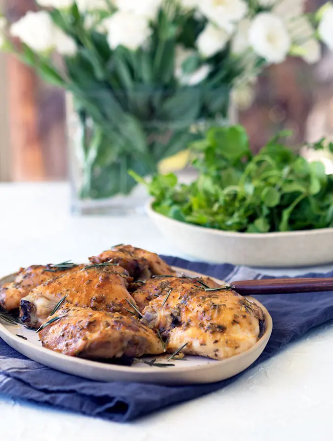 Skinless Chicken Thigh Cutlets, oven baked with maple rosemary and garlic