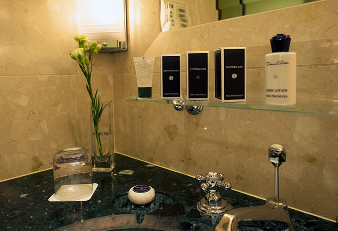 Oscar de la Renta toiletries in the Deluxe Suite of the Peninsula Hotel Bangkok