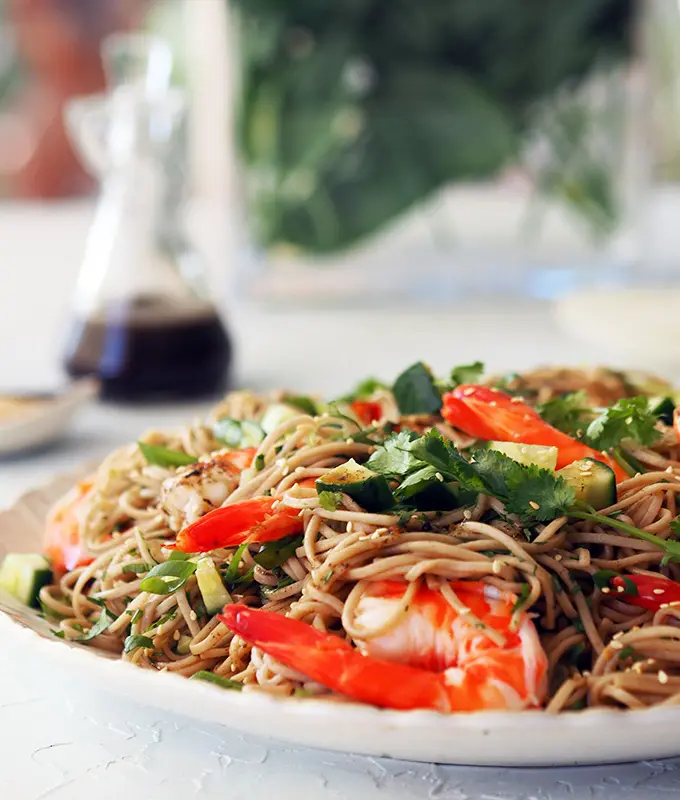 Healthy mid week recipe Prawn and soba noodle salad