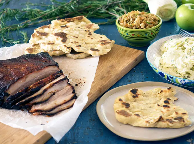 Smoked BBQ Pork Belly, Apple Fennel Slaw and Easy BBQ Flat Breads