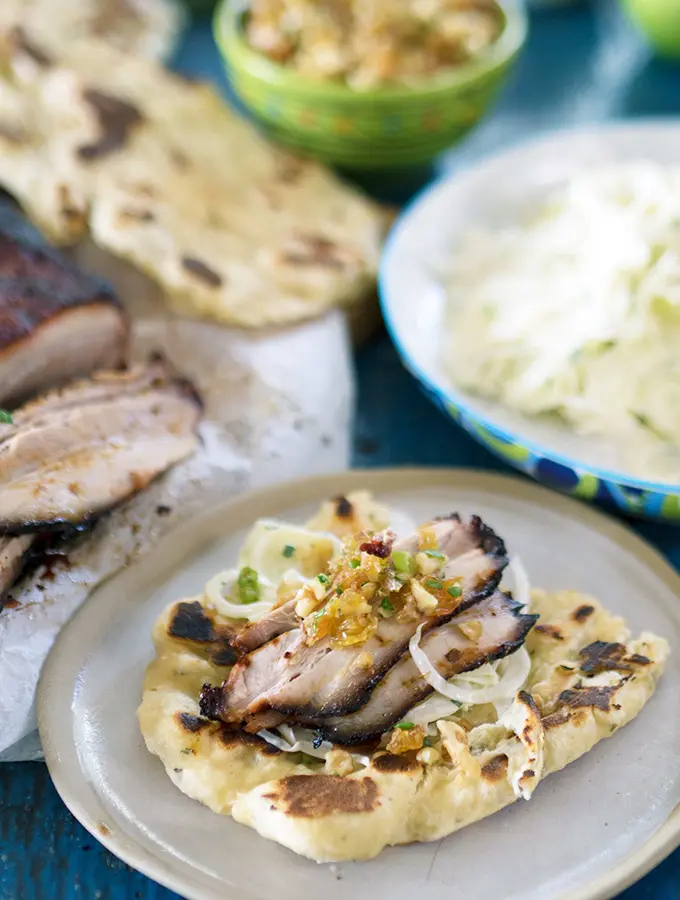 Smoked BBQ Pork Belly, Apple Fennel Slaw and Easy BBQ Flat Breads