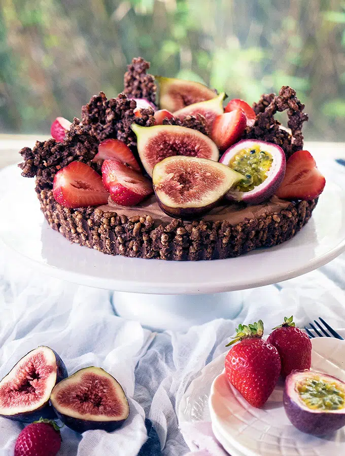 Rich chocolate cheesecake with a chocolate crackle base topped with beautiful fruit