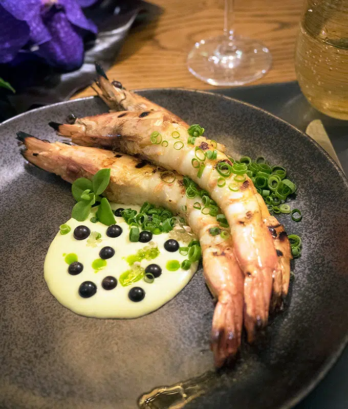 Mode Kitchen & Bar Autumn Menu - Yamba king prawns, ajo blanco, finger lime and grape