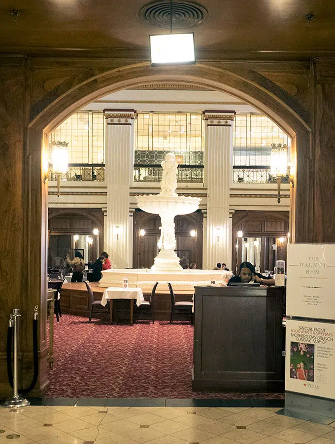 The elegant Walnut Room on Level 7 of the Marshall Field's Building on State Street Chicago