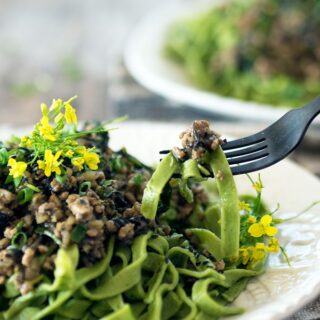 Handmade pasta given the Asian touch, Water Spinach Tagliatelle with Pork and Chestnut Ragu