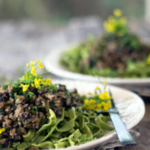 Water Spinach Tagliatelle served with Pork and Water Chestnut ragu; The ragu is filled with Asian flavours like water chestnuts, bamboo shoots and choy sum.
