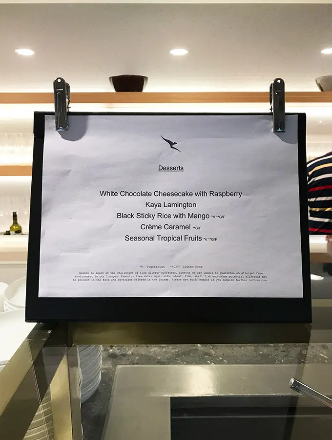 One of the daily food menus at the Qantas Singapore Lounge