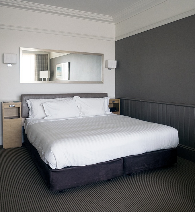 Pool view room with a king size bed at the Crowne Plaza Resort Terrigal