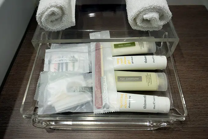 A vast range of amenities in the pool view room bathroom at the Crowne Plaza Hotel in Terrigal