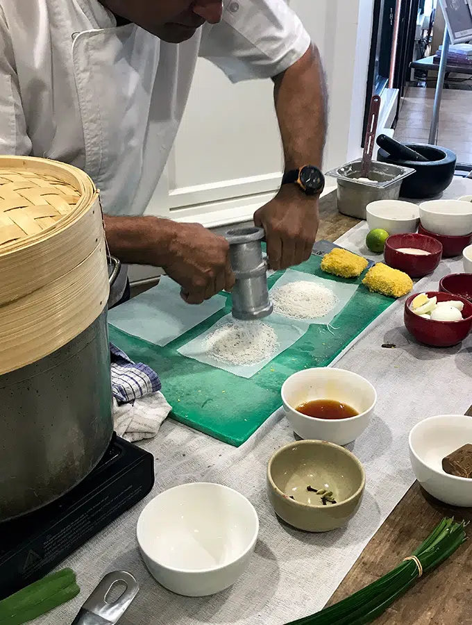 Peter showing us how string hoppers are made - Taste of Sri Lanka with Peter Kuruvita