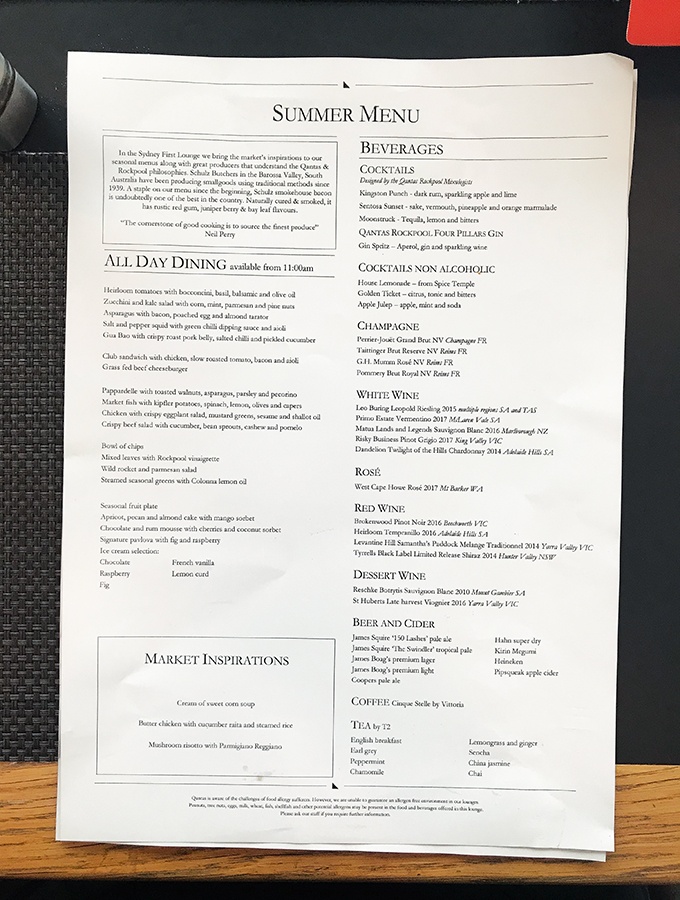 Qantas First Class Lounge Sydney Neil Perry Summer Menu