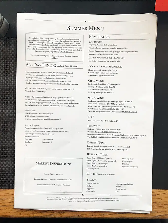 Qantas First Class Lounge Sydney Neil Perry Summer Menu