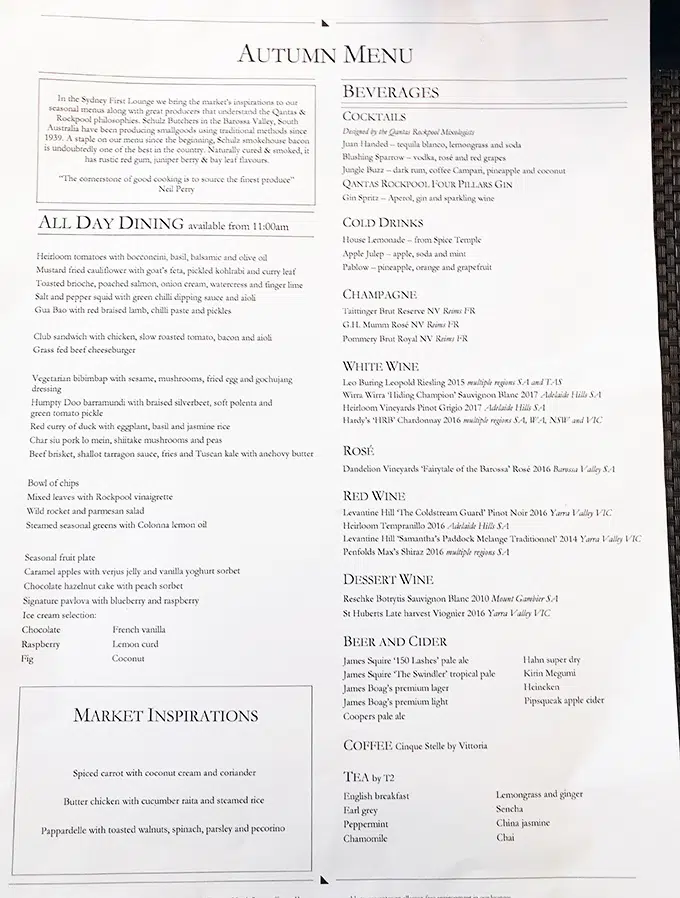 Qantas First Class Lounge Sydney Neil Perry Autumn Menu