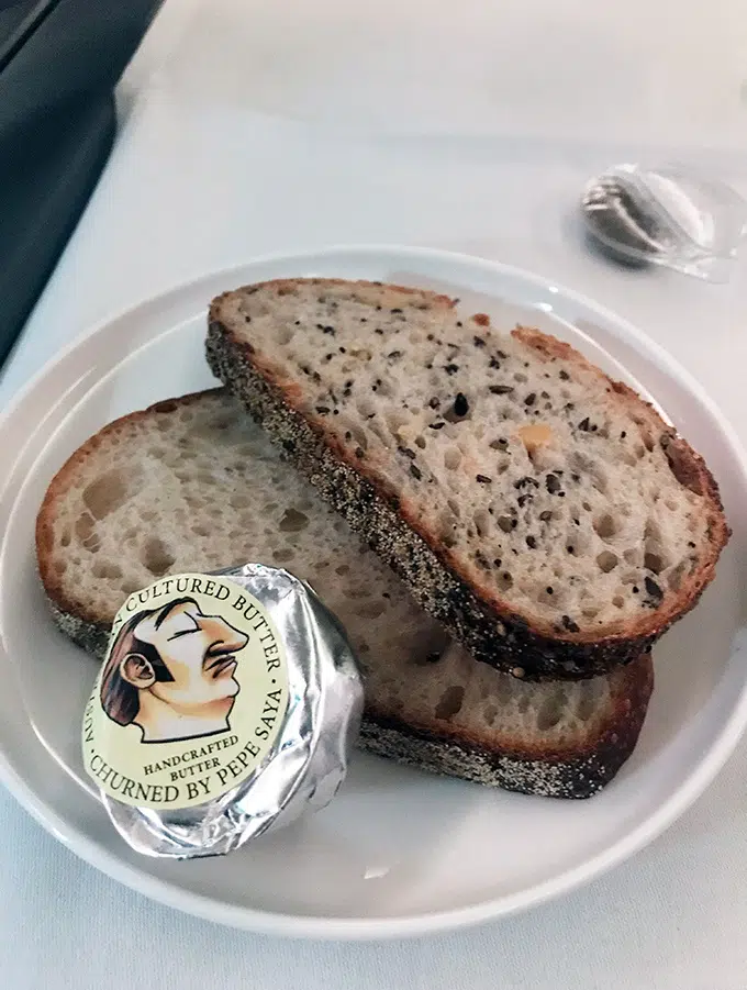 the best Qantas business class seats Sydney to Tokyo - sourdough and pepe sayer butter