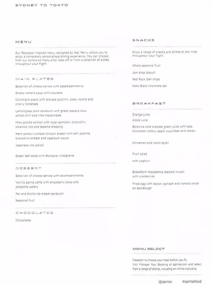 the best Qantas business class seats Sydney to Tokyo - in flight menu