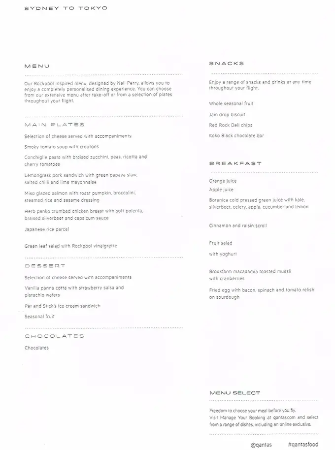 the best Qantas business class seats Sydney to Tokyo - in flight menu