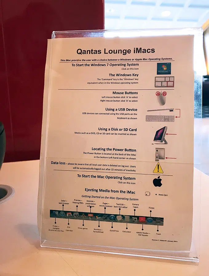 Qantas First Class Lounge Sydney - iMac instructions in the business centre